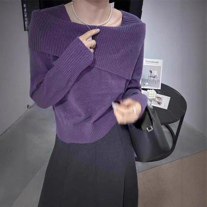 Design sense one-word shoulder thin knitted bottoming shirt women's autumn and winter new fashion solid color inner pullover sweater
