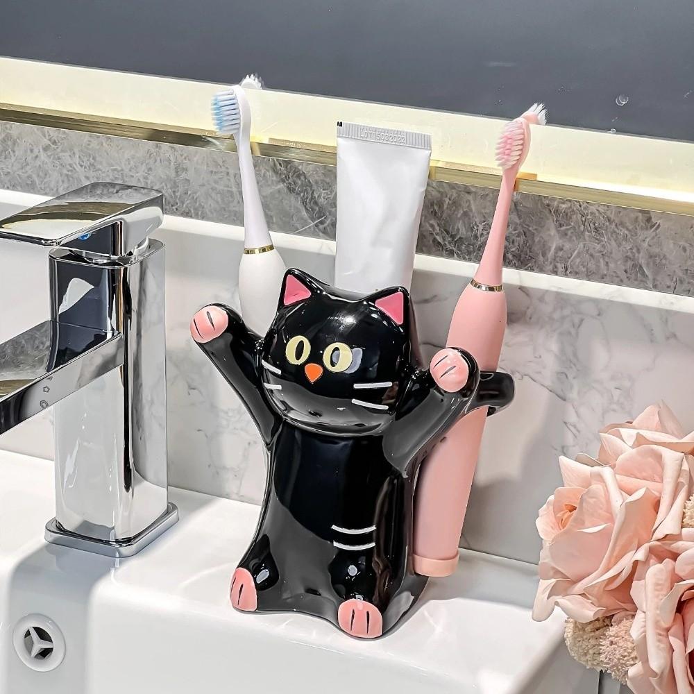 Cartoon Animal Cat Toothbrush Holder Anti-Slip Base Toothpaste Storage Shelf Bathroom Organizer