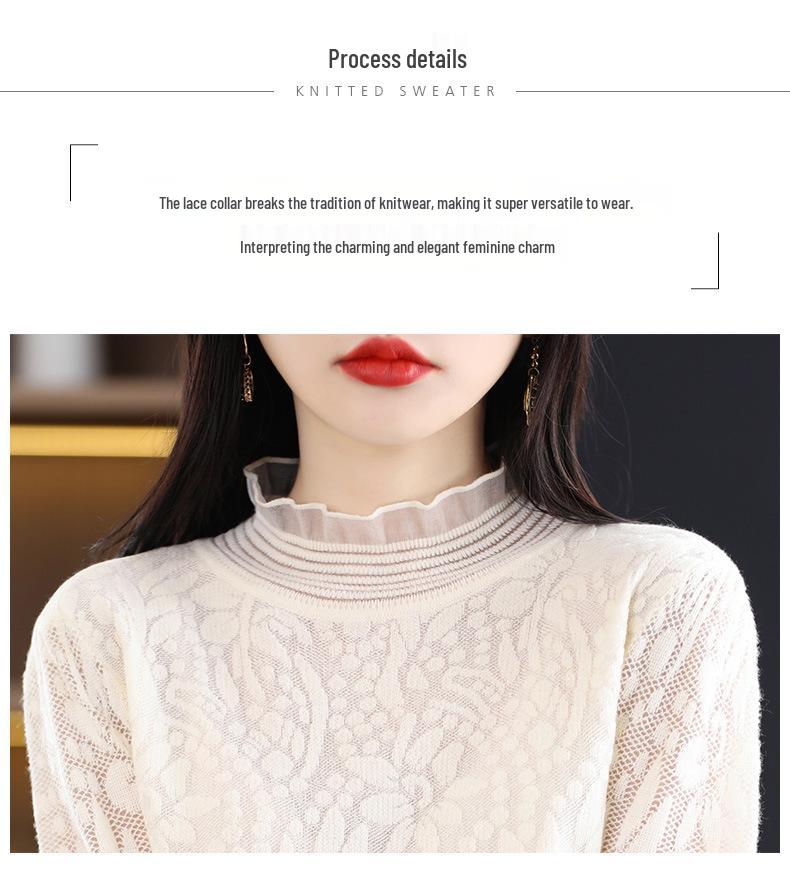 Women's Spring-Summer Chiffon Knit Top with Lace & Mesh Half-High Collar