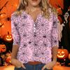 Women's Casual Halloween Print V-Neck Short Sleeve T-Shirt with Decorative Buttons