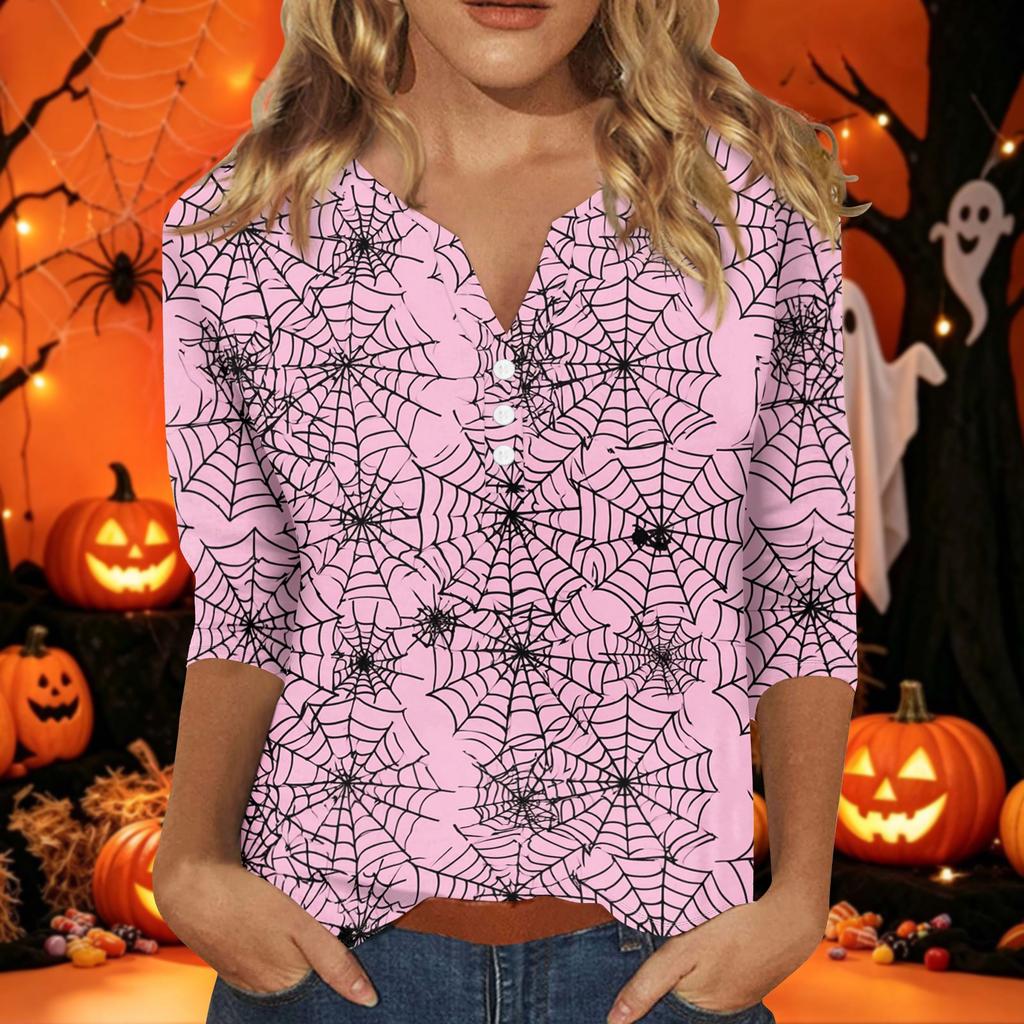 Women's Casual Halloween Print V-Neck Short Sleeve T-Shirt with Decorative Buttons