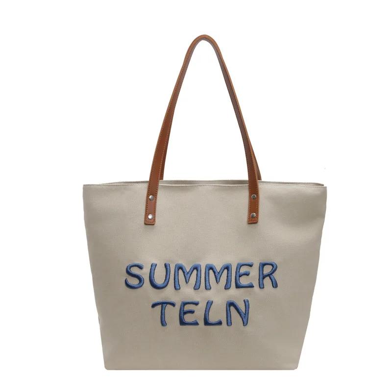 College Girls Female Tote Summer Letter Embroidery Ladies Travel Handbags Simple Large Capacity Women's Canvas Shoulder Bags