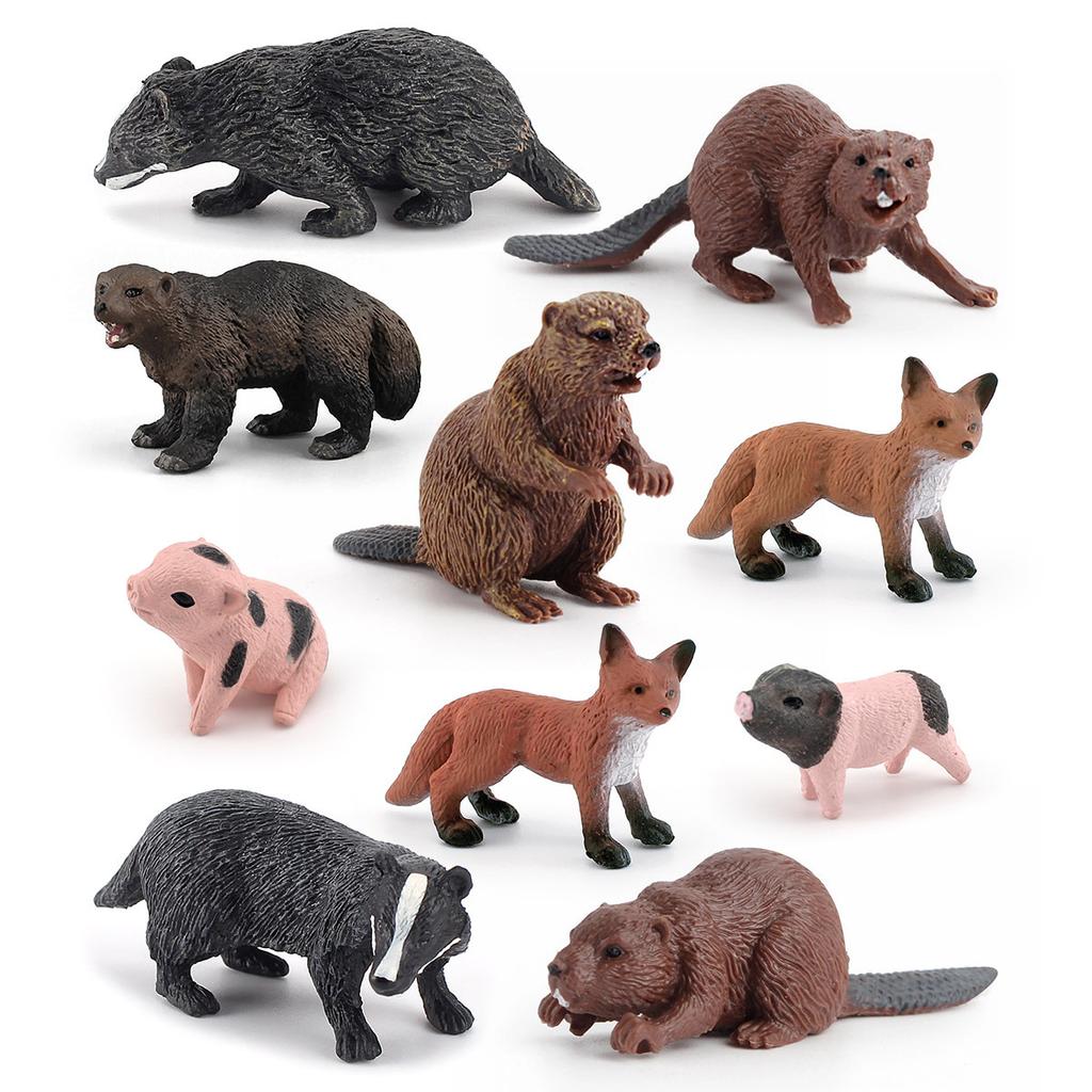 Simulation Forest Animal Set Model 10-Piece Fox Mink Bear Beaver Piglet Desktop Static Ornament Toy Batch