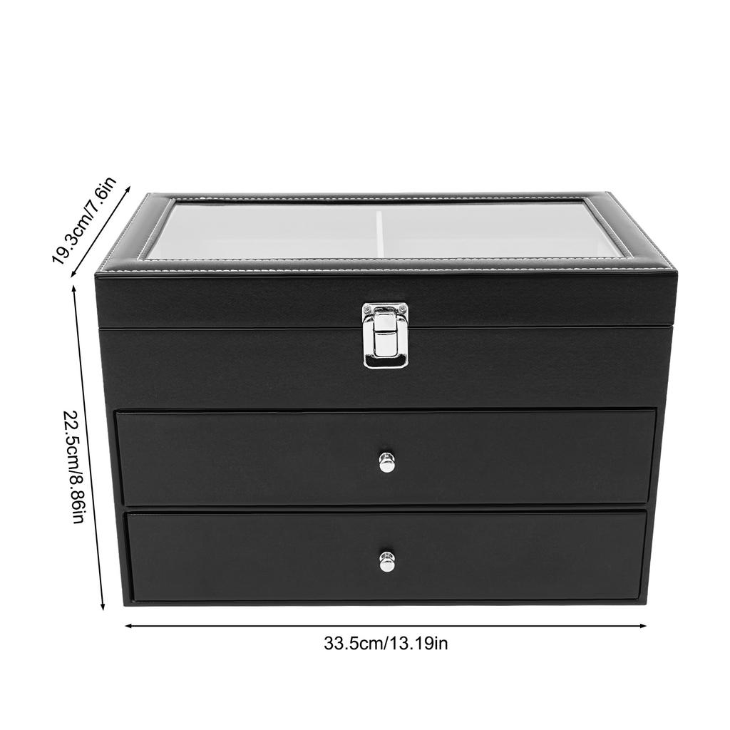 24 Slot Watch Box Glass Top, 3-Tier Display Case Holder Organizer for Watches & Eyeglasses with Lock for Collectors