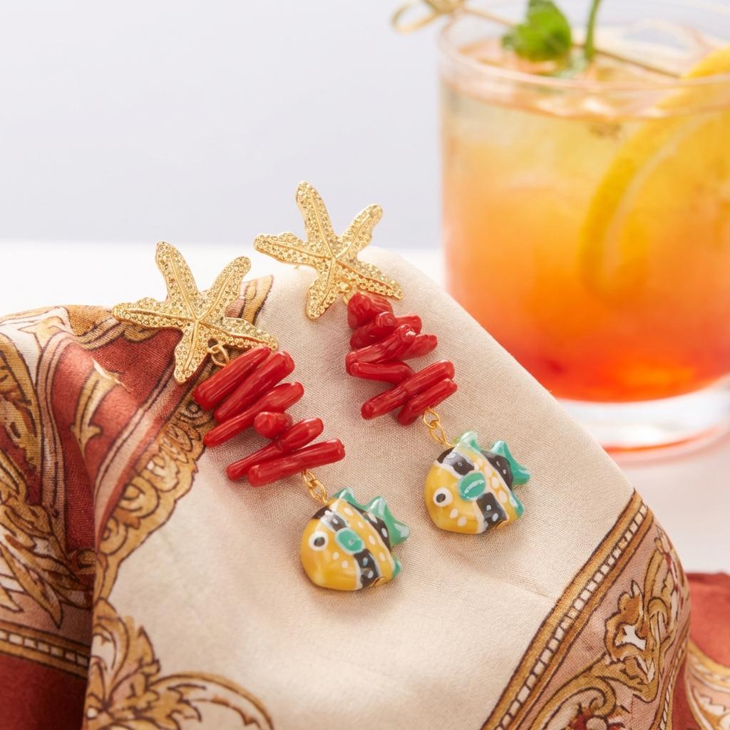 2026 Ceramic Cartoon Clownfish Drop Earrings for Women Unique Red Coral Starfish Conch Earrings Summer Travel Jewelry Gifts