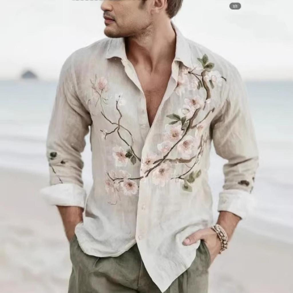 Camicia da uomo a maniche lunghe con ricamo floreale, colletto alla coreana, essenziale casual