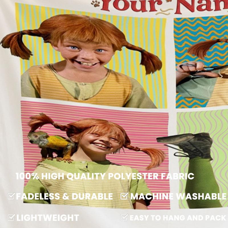 Pippi Longstocking Custom Name Wall Tapestry Aesthetic Wall Hanging Printed Fabric Blanket Decorative Tapestries for Bedroom Living Room Home Decor