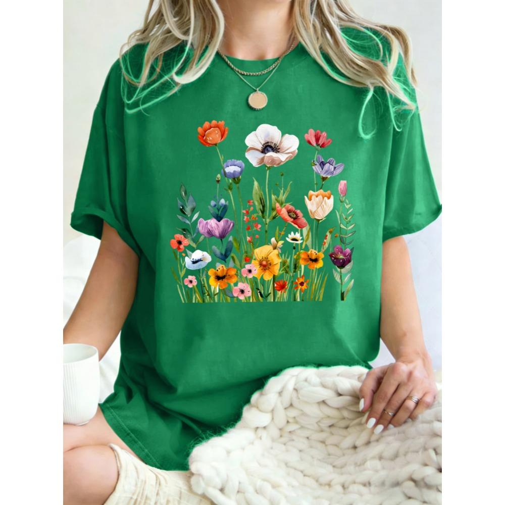 Retro Beautiful Wildflowers Flower Clusters Print Womens T Shirts Cotton T-Shirt Summer O-Neck Clothes Loose Sportswear