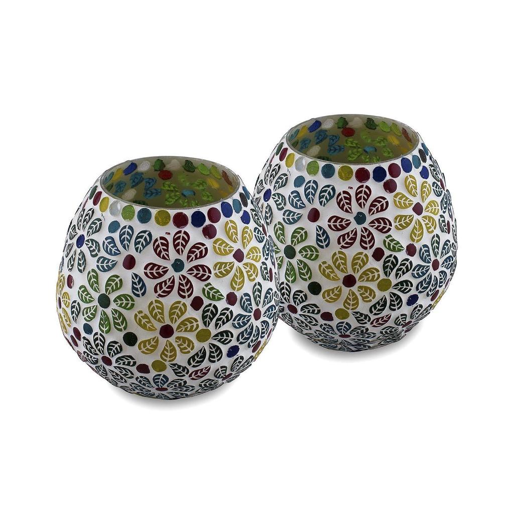 Tealight Candle Holders for Home Decor, Mosaic Glass, Flowers, Decorations for Home, Item for Diwali Festival Home Decor Item | Pack of 2