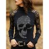 Spring and Autumn Women's Blouse Skull Lace Splicing High Neck Long Sleeve Top Black