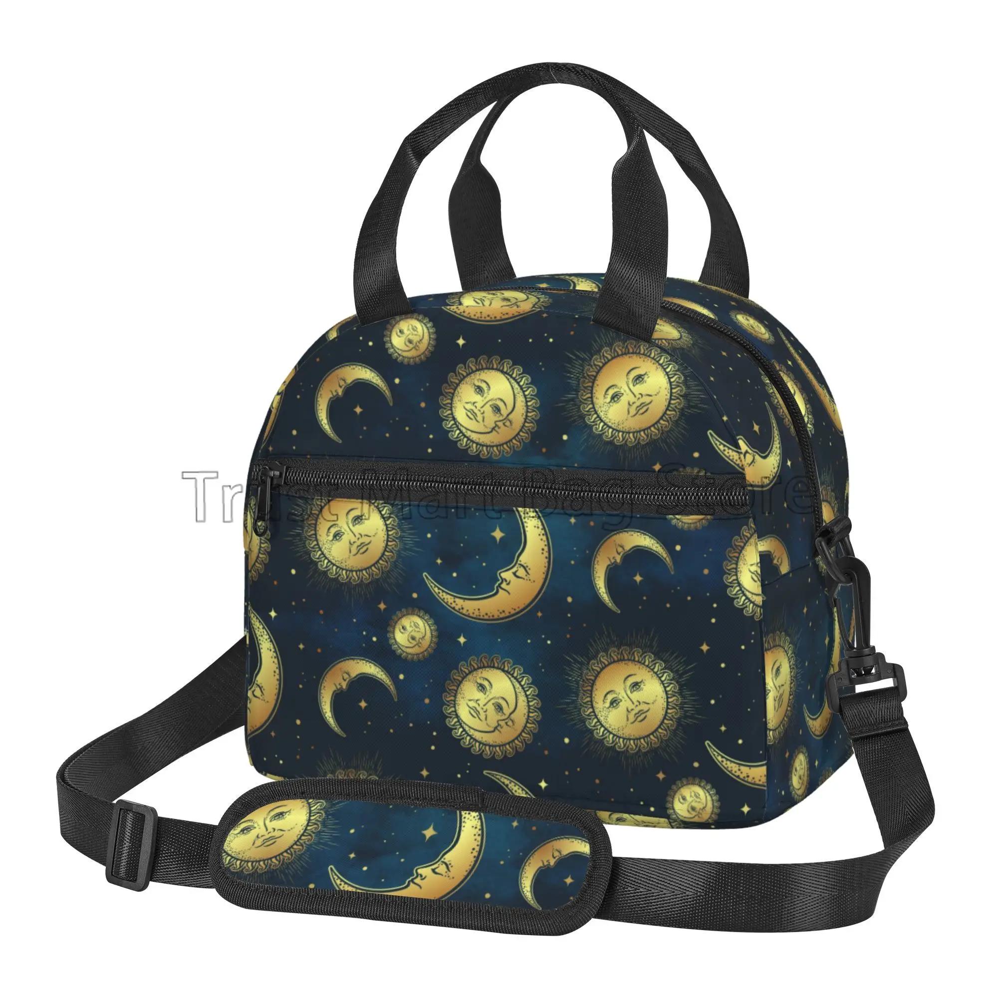 Boho Sun Moon Stars Black Mystical Insulated Lunch Bag Thermal Bento Bags with Adjustable Shoulder Strap for Picnic Beach Travel чёрный