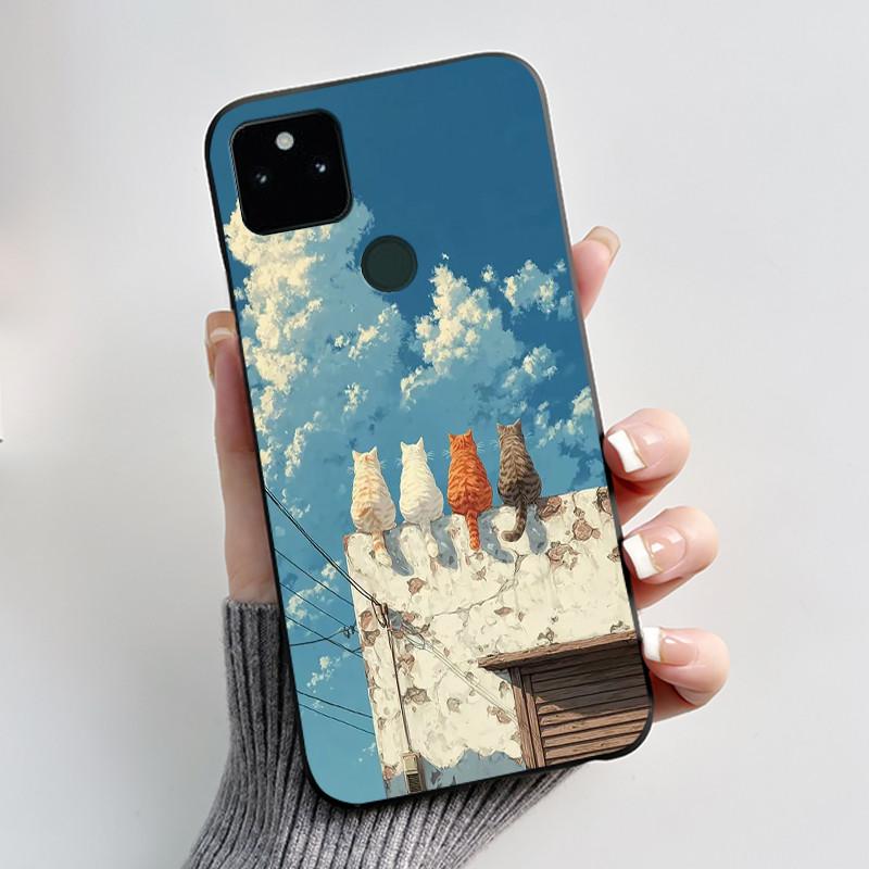 For Google Pixel 5a Soft Silicone Black Case Trendy Style Cartoon Pattern Fluffy Bunny, Milk Tea Rabbit, Rabbit Lamp Casing