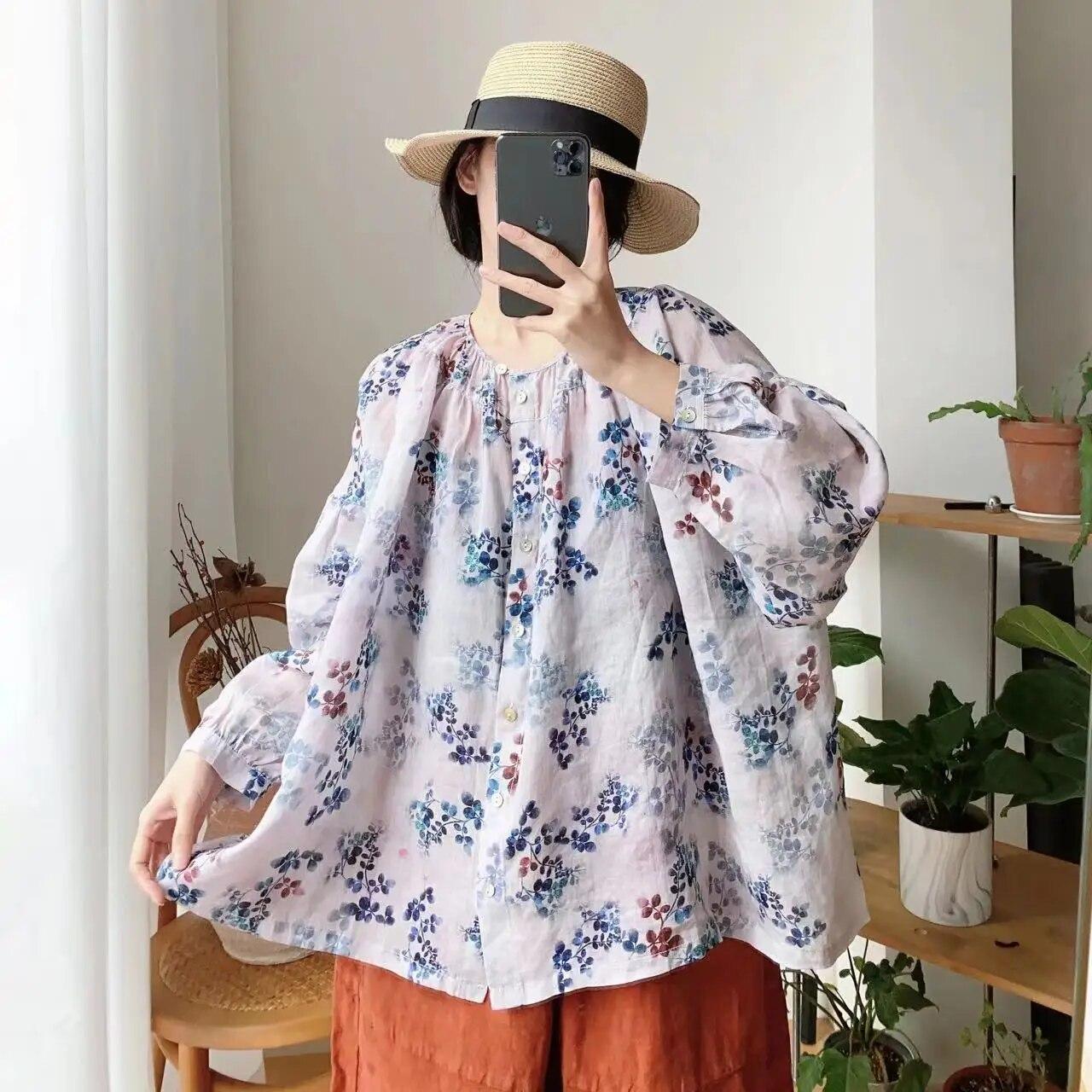 

Женские топы Johnature на весну и осень, винтажные повседневные универсальные свободные рубашки с длинными рукавами и круглым вырезом на пуговицах, женские рубашки One Size светло-фиолетовый