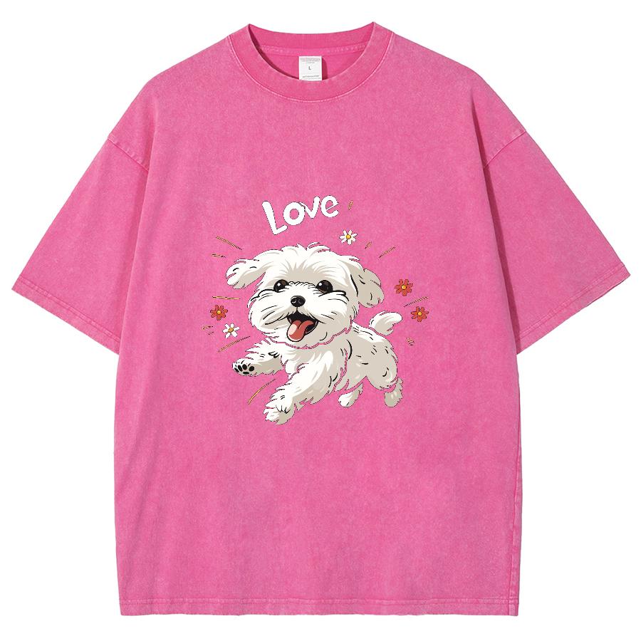 Hand Painted White Bichon Terrier Print Women Wash T-Shirt Oversized Crew Neck Cotton Half Sleeve Summer Cute Sweetheart Top