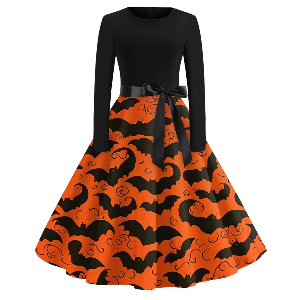 Women's Casual Retro Halloween Dress Long Sleeve Round Neck Vintage Fit and Flare Dress with Bat Print and Waist Tie Belt for Everyday Wear