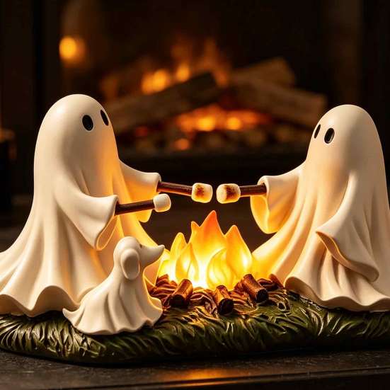 LED Light Up Bonfire Statue Ghost Roasted Marshmallows Ornament, Durable Resin Cute Halloween Desktop Ornament for Fireplace Craft, Decorative