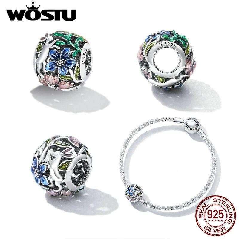 WOSTU 925 Sterling Silver Jungle Secret Rabbit Flower Charm Bead Pendant Fit Original Bracelet Necklace For Women Jewelry