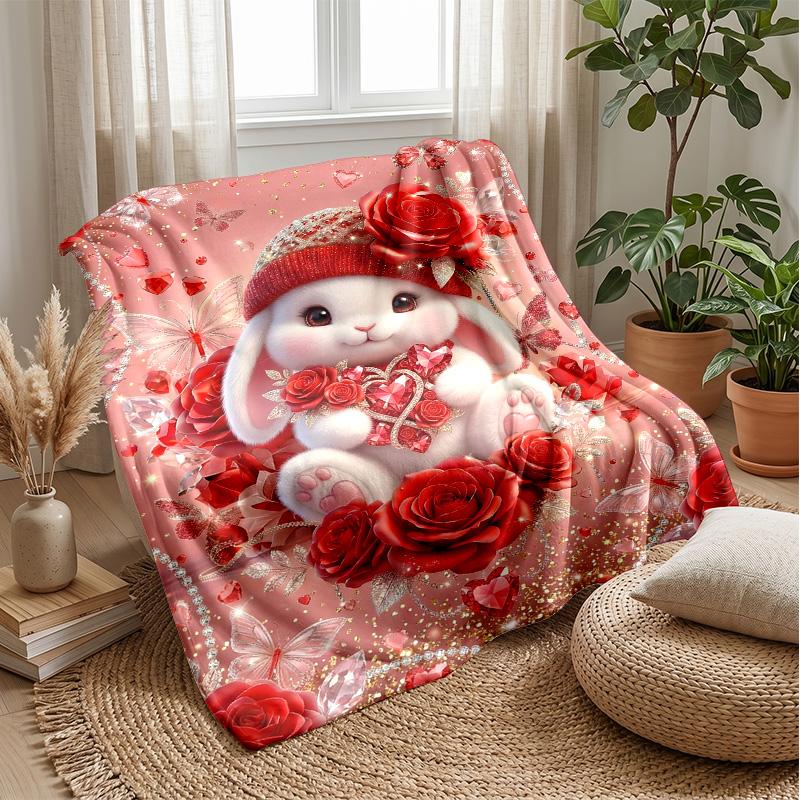 Cute Rabbit on Moon blanket Personalized Name Flannel Blanket Soft Cozy Plush Throw for Sofa Bed Lightweight Home Decor