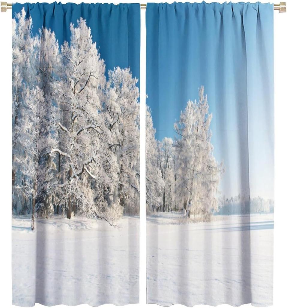 Winter Forest Curtain Natural Landscape Snow Covered Tree Window Curtains Living Room Bedroom Kitchen Office Cafe Blackout Polyester Ideal For Great