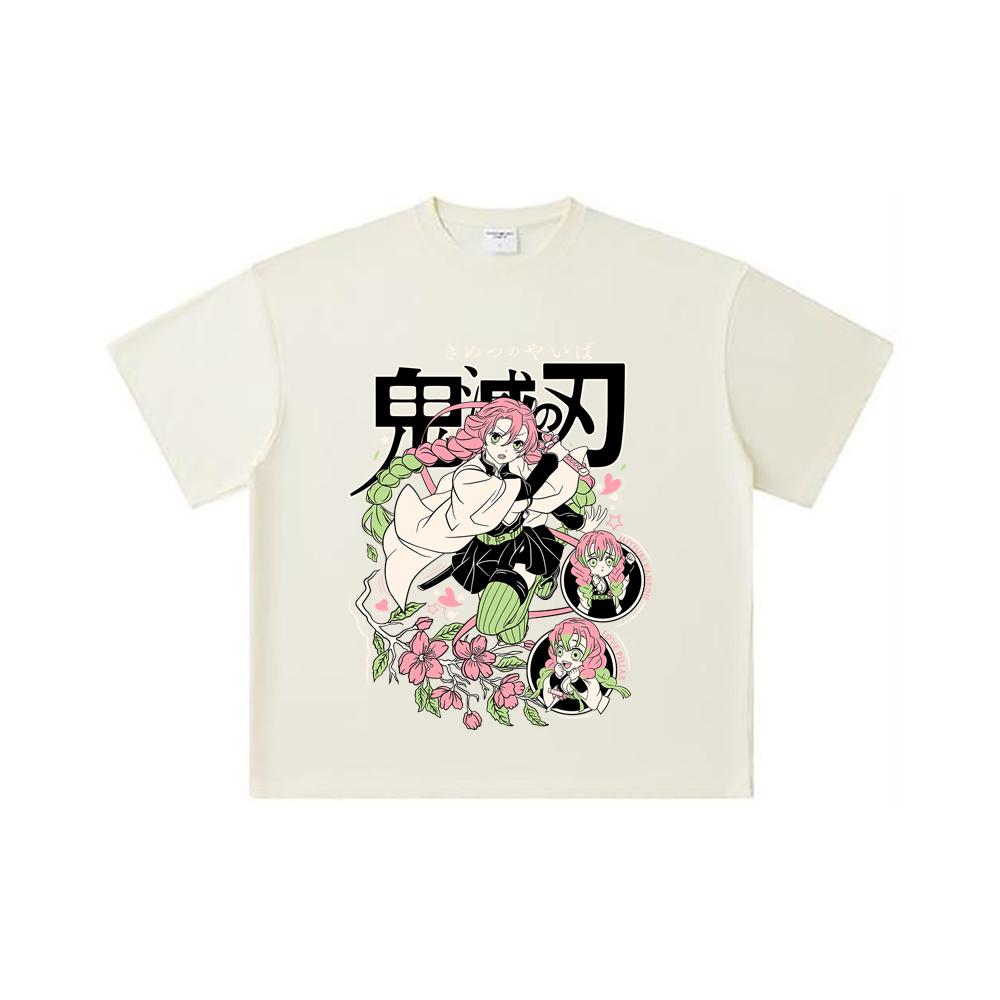 260 GSM Doppeltgarn 32er Zählung 100% Baumwolle Demon Slayer V6 Mitsuri Print Unisex Schweres Baumwoll-T-Shirt