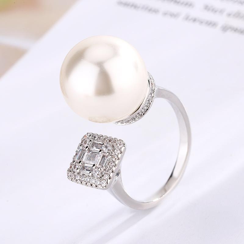 Jewelry Copper Platinum Plated Pearl Adjustable Ring Women 14Mm