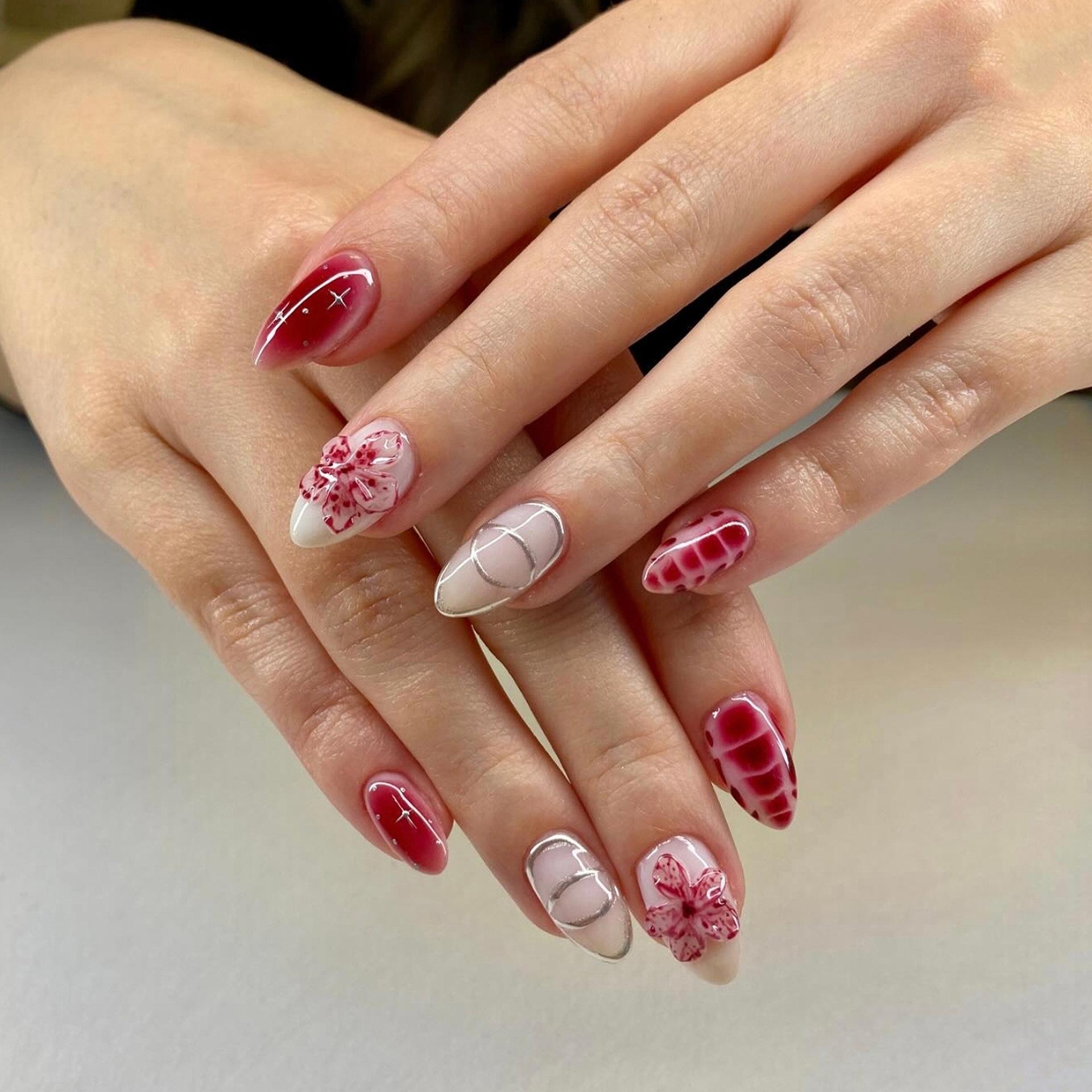 3D three-dimensional flower almond gilt wearing nail advanced leopard print fake nail nail art piece