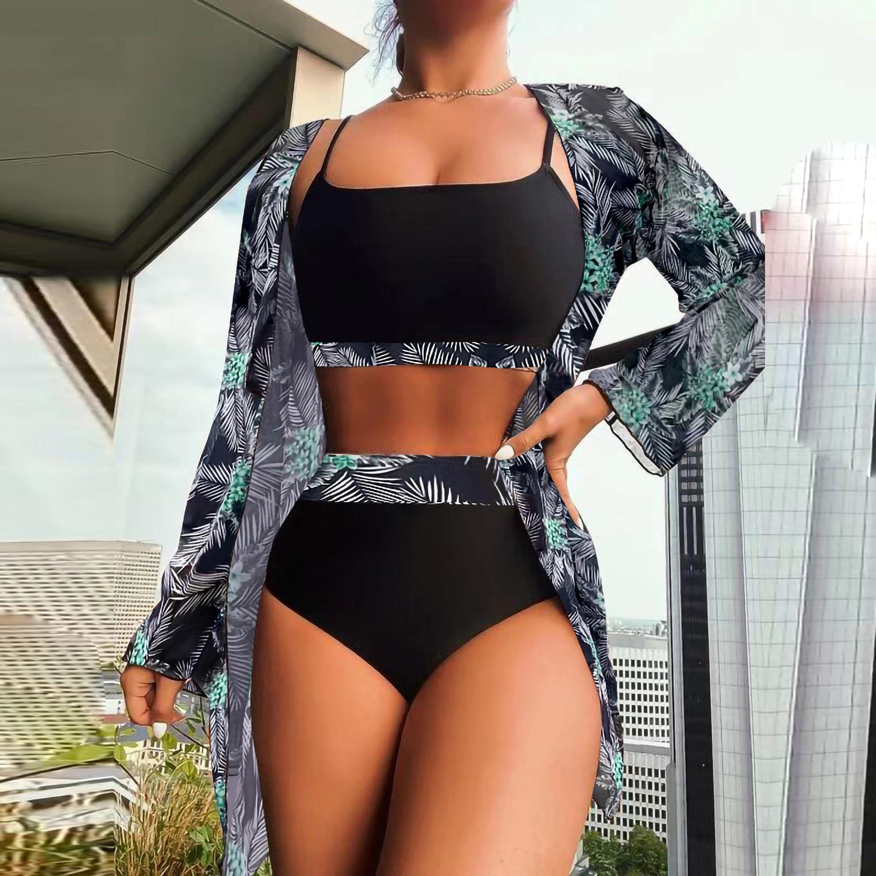 

Женский разделенный комплект из трех предметов, блузка с высокой талией и длинными рукавами, солнцезащитные комплекты бикини S зелёный