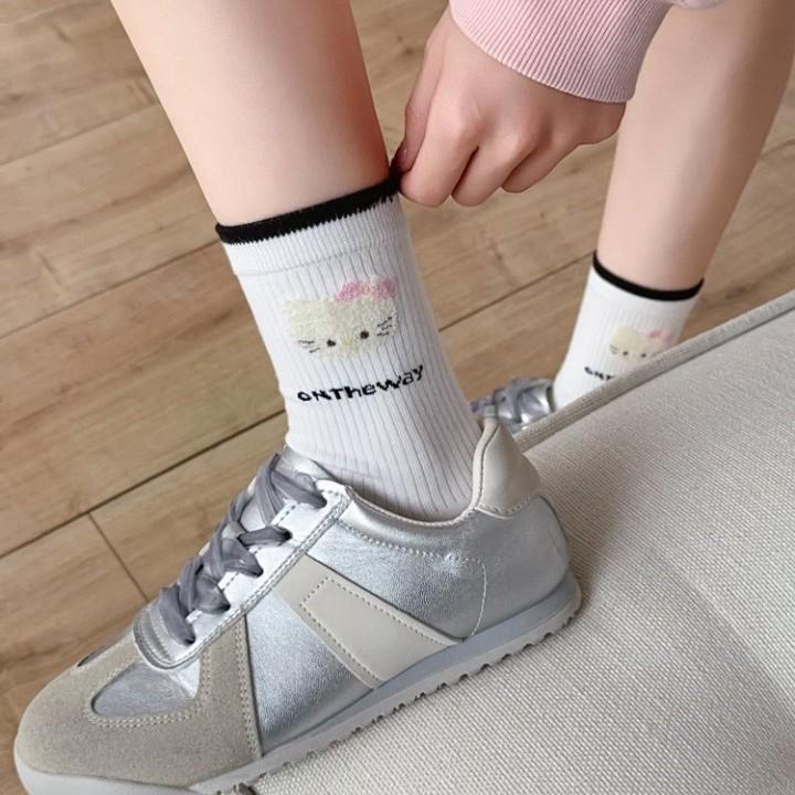 Cotton Cat Socks: Women's Mid-Calf, Spring/Autumn, Japanese & Korean Preppy Styles, Flocked Pile, Long Socks.