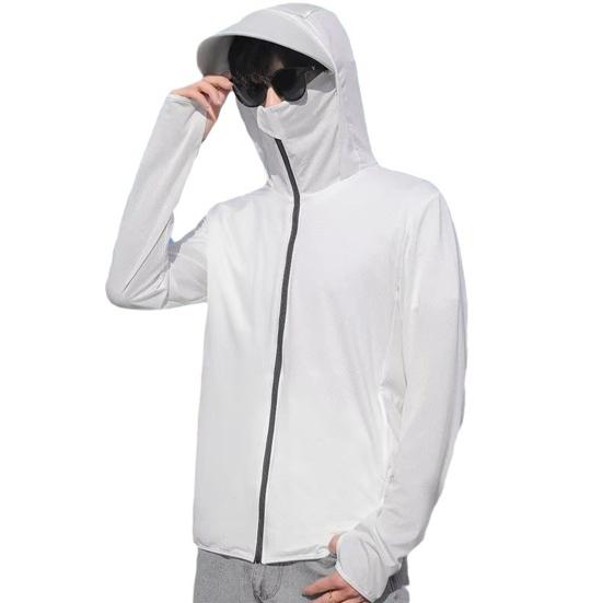 Men Summer Sun Protection Clothing Hooded Drawstring Long Sleeve UV Protection Coat Solid Color Zipper Placket Anti-UV Fishing Clothing