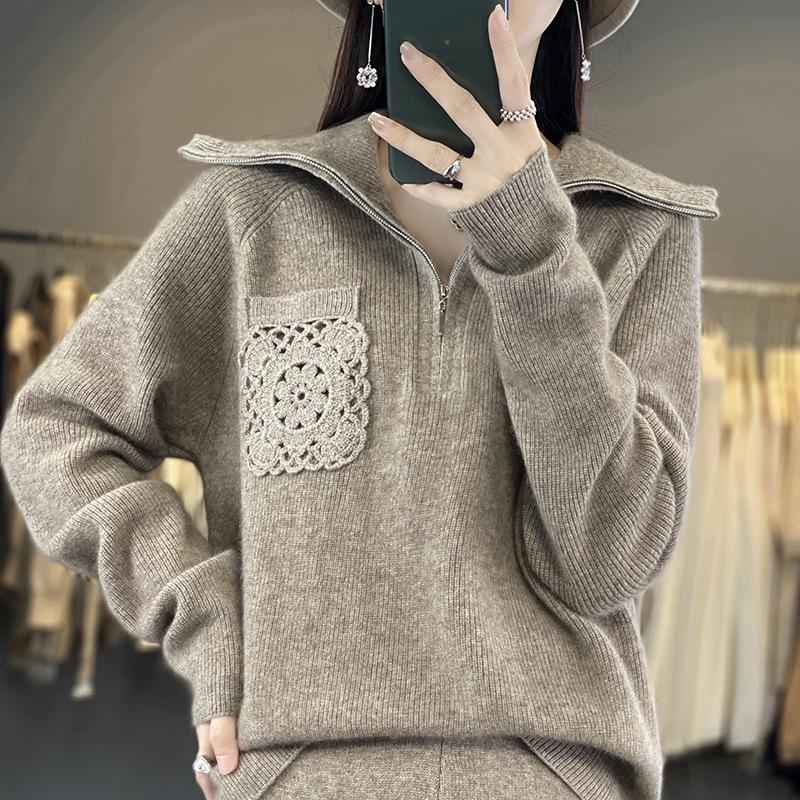 Women's Loose Cashmere Half-Patchwork Zipper Sweater - Autumn/Winter 23 Style