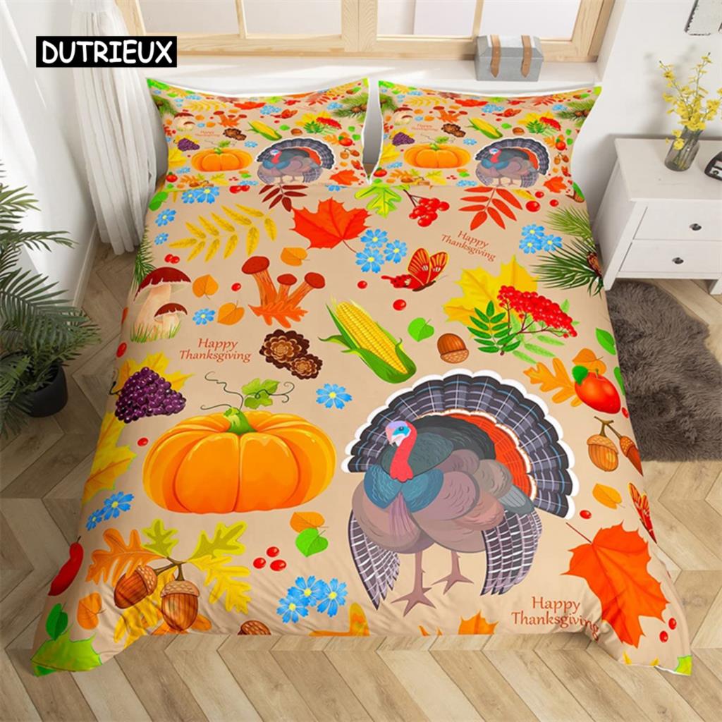 Turkey Maple Leaves Duvet Cover King Thanksgiving Pumpkin Bedding Set Microfiber Farmhouse Autumn Harvest Theme Comforter Cover