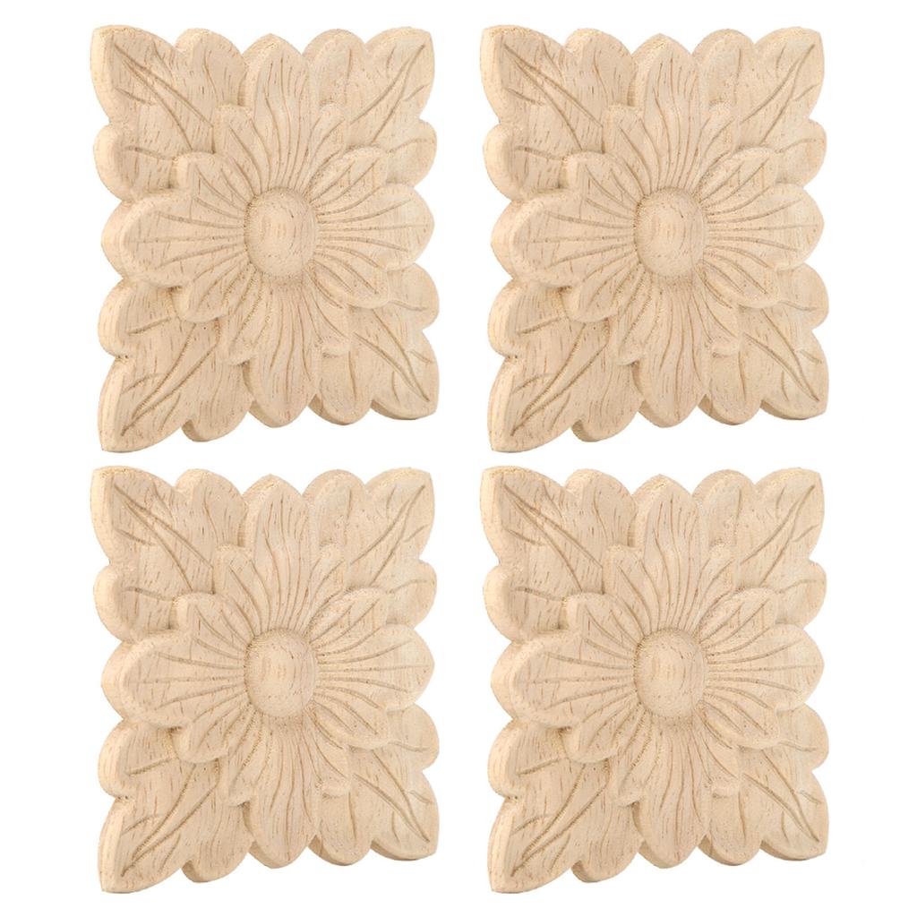 4Pcs Beautiful Flower Pattern Wood Carved Applique Furniture Decoration Garden Door Accessories