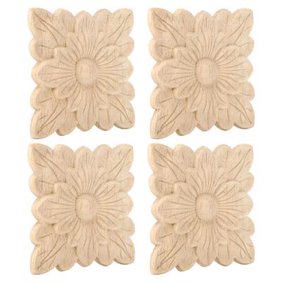 4 Pièces Belle Applique Motif Floral Sculpté sur Bois Décoration de Meuble Accessoires de Porte de Jardin