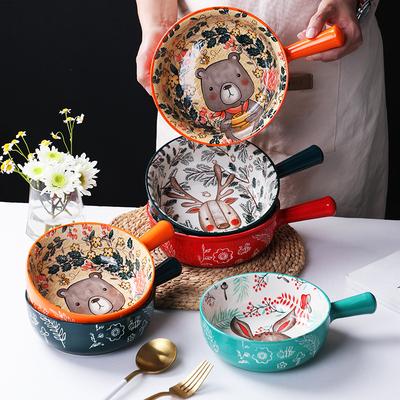 Ceramic Hand Painted Handle Bowl Creative Cartoon Breakfast Salad Bowl With Handle Gratin Bowl Baking Bowl Breakfast Bowl