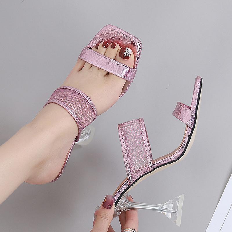 Fashion Size 45 46 Elegant Square Toe Transparent Spike Heels Pumps Mesh Slippers Summer Women Gold Sandals Fashion Mules Party Shoe