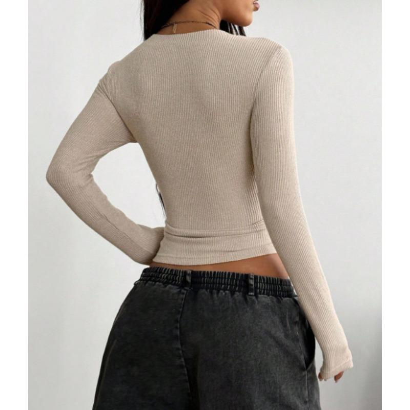 Women S Ribbed Knitted Long Sleeve V Neck Slim Fit Comfortable Sweater