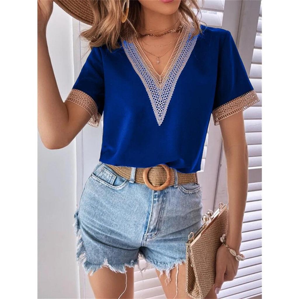 Magliette estive da donna Abiti di moda Camicie casual in chiffon con scollo a V Camicie a maniche corte Camicie in pizzo allentato di colore venduto da donna