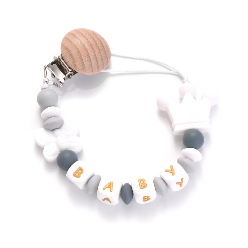 Round Wood Baby Dummy Holder Clip Crown Butterfly Silicone Beaded Teether Custom English Letter Name Pacifier Chain Nursing Toy
