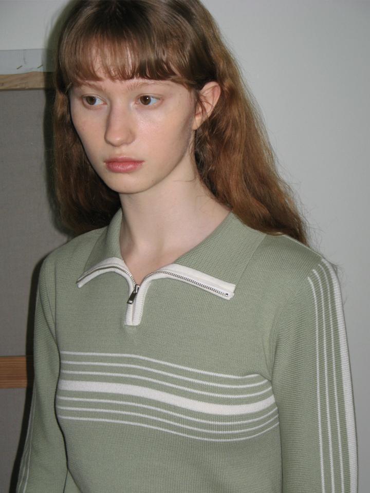 SINOON Line Half Zip-Up Knit Top (Light Khaki)