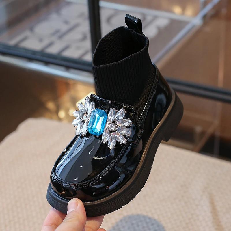 Rhinestone Girls Shoes Children's Leather Boots Autumn Winter Baby Fashion Anti-Slippery Rubber Sole Footwear Zapatos De Niña