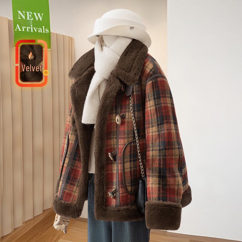 Women s Plaid Wool Blend Loose Fit Winter Jacket L