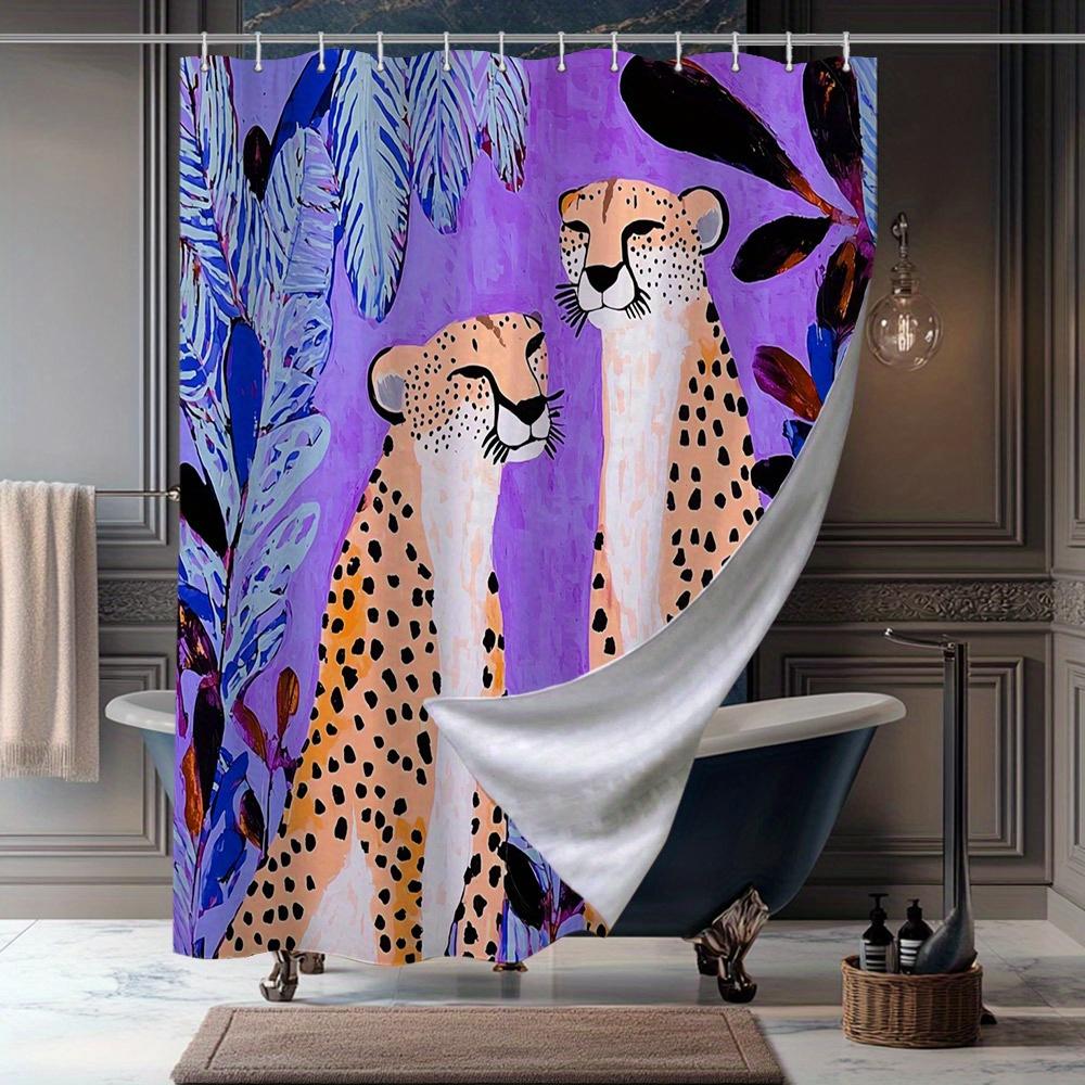 Cheetah Shower Curtain – Two Cheetahs In Love, Purple Blue Foliage Art, 70.8X70.8In, Fade-Resistant, Includes Hooks