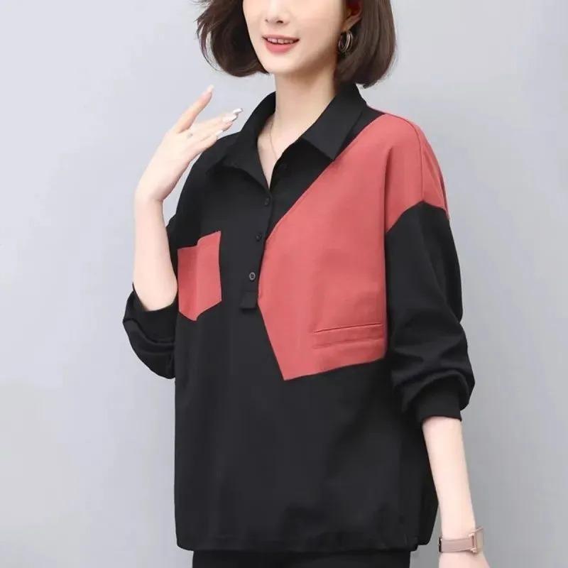 

Plus Size Women s Fashion New Trend Slimming Casual Hoodie Pure Cotton Patchwork Elegant Contrast Long Sleeve Collar Top L червоний