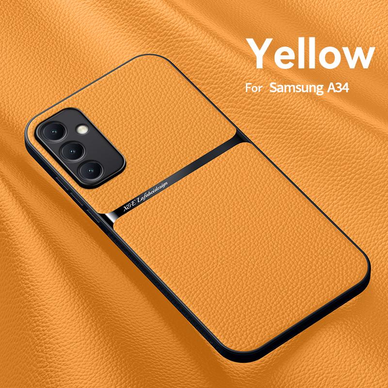 

Для Samsung Galaxy A34 5G кожаный чехол с магнитным держателем для телефона Samsung A34 5G A 34 SM-A346B с металлической пластиной задней крышкой For Galaxy A34 5G жёлтый