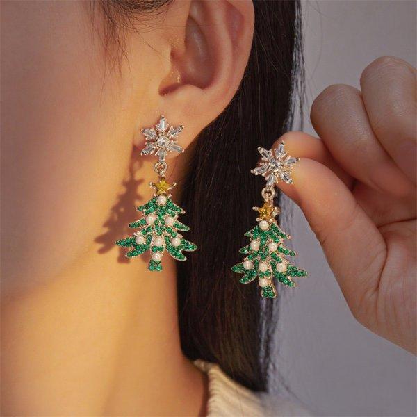 Boucles d'oreilles Puce Pendantes Étoile Cristal Zircon Arbre de Noël Couleur Argent Bijoux Xmas Cadeau Fête Femme Vente Chaude 2026