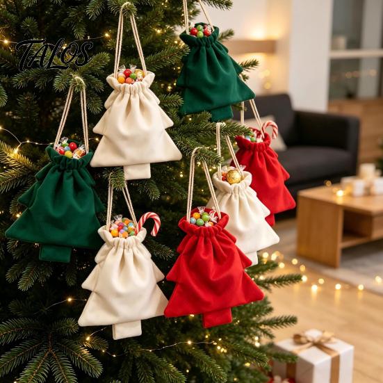 Christmas Gift Bags Tree Drawstring Presents Bag, Reusable Plush Wrapping Pouch, Party Supplies Shaped Holiday Favors Bag for Candy, Goody,