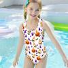 Girls Sleeveless Scoop Neck Wide Straps One Piece Swimsuit Cartoon Wolf Printed White