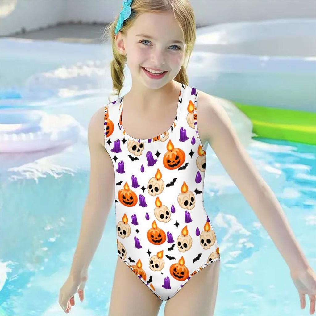 Girls Sleeveless Scoop Neck Wide Straps One Piece Swimsuit Cartoon Wolf Printed White