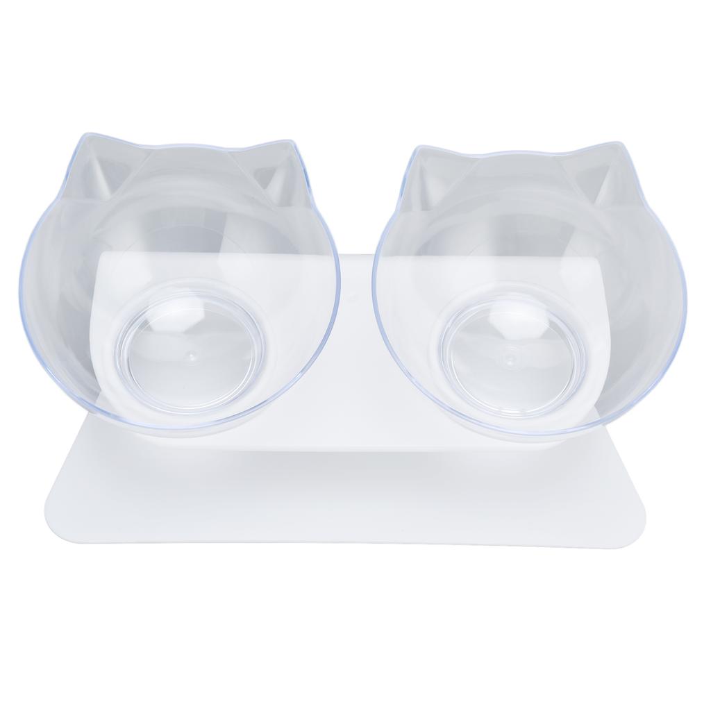15 degrees  Inclined Cat Double Bowl Neck Guard Pet Feeding Bowl for Home Pet Shop Living Room(White Base Transparent