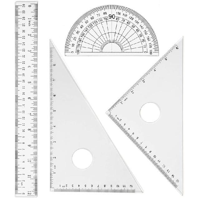 Coopay 4 Pieces Math Geometry Tool Set Includes Plastic Clear Ruler, Protractor, Triangle for School Office Home Supplies (6 inch)